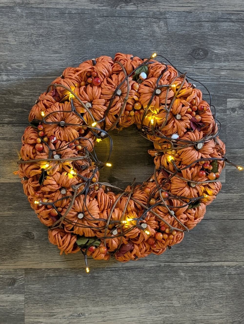 Orange Pumpkin Artificial Fall Harvest Wreath, 13.5" Led Light Up Halloween